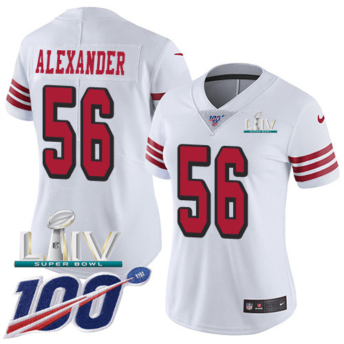 San Francisco 49ers Nike #56 Kwon Alexander White Super Bowl LIV 2020 Rush Women Stitched NFL Limited 100th Season Jersey->women nfl jersey->Women Jersey